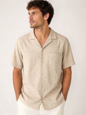 H & M Men’s Linen Blend Short Sleeve Beige Shirt Size Large NWT